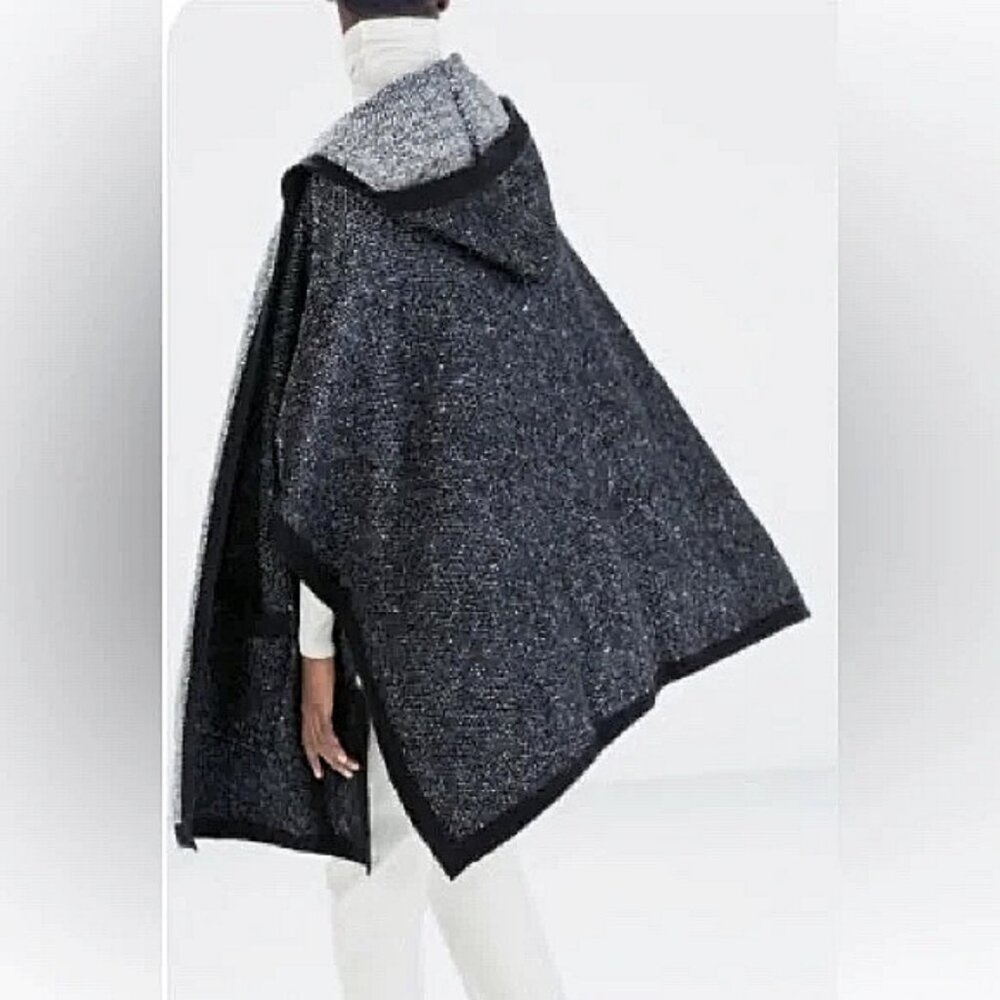 Zara Knit - Women's Stretch Wool Tweed Hooded Poncho in Navy,, Med Oversized - Picture 2 of 10